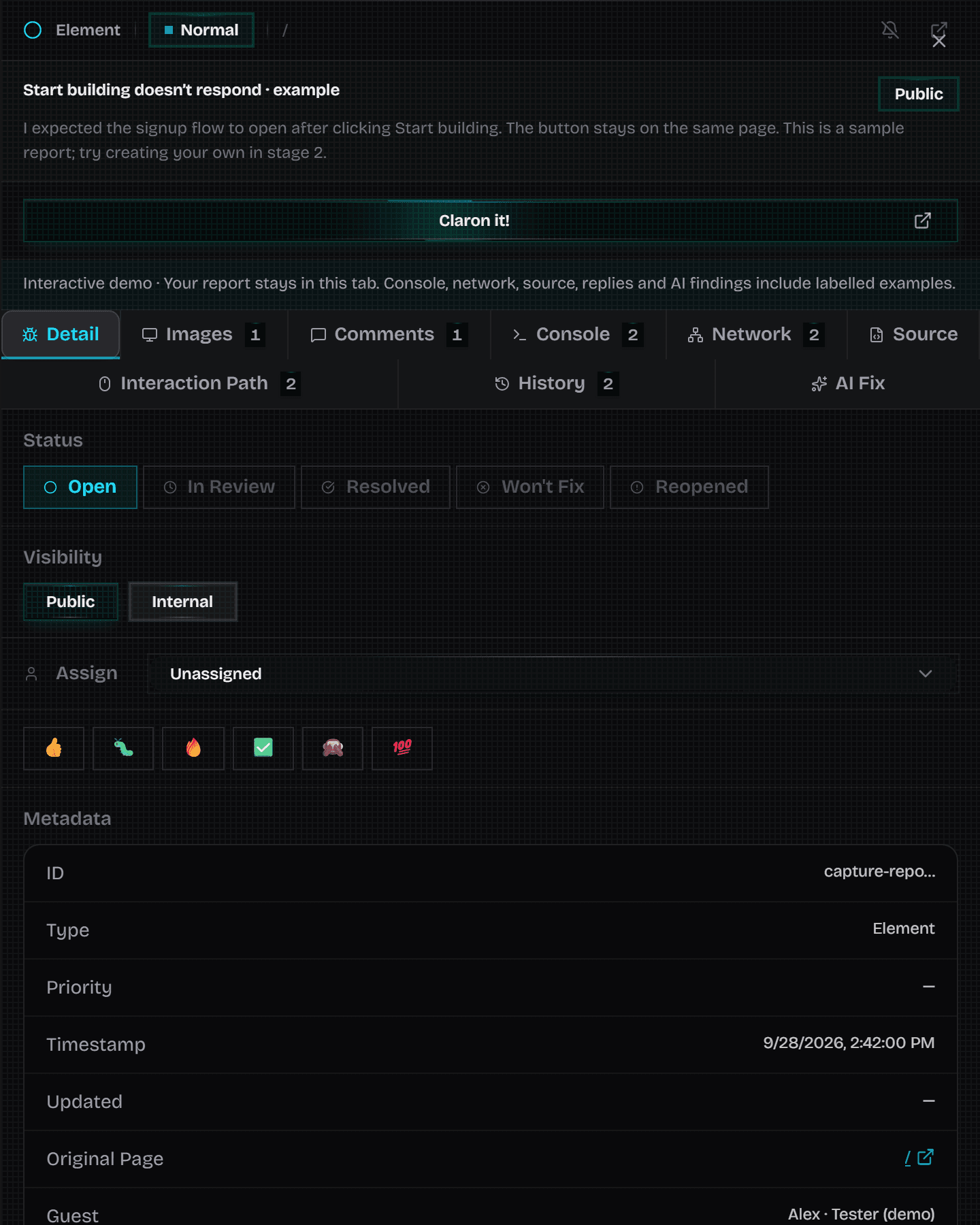 A Claron report with the Claron it! button, tabs for detail, images, comments, console, network, source, interaction path, history and AI Fix, and its status, visibility and assignee