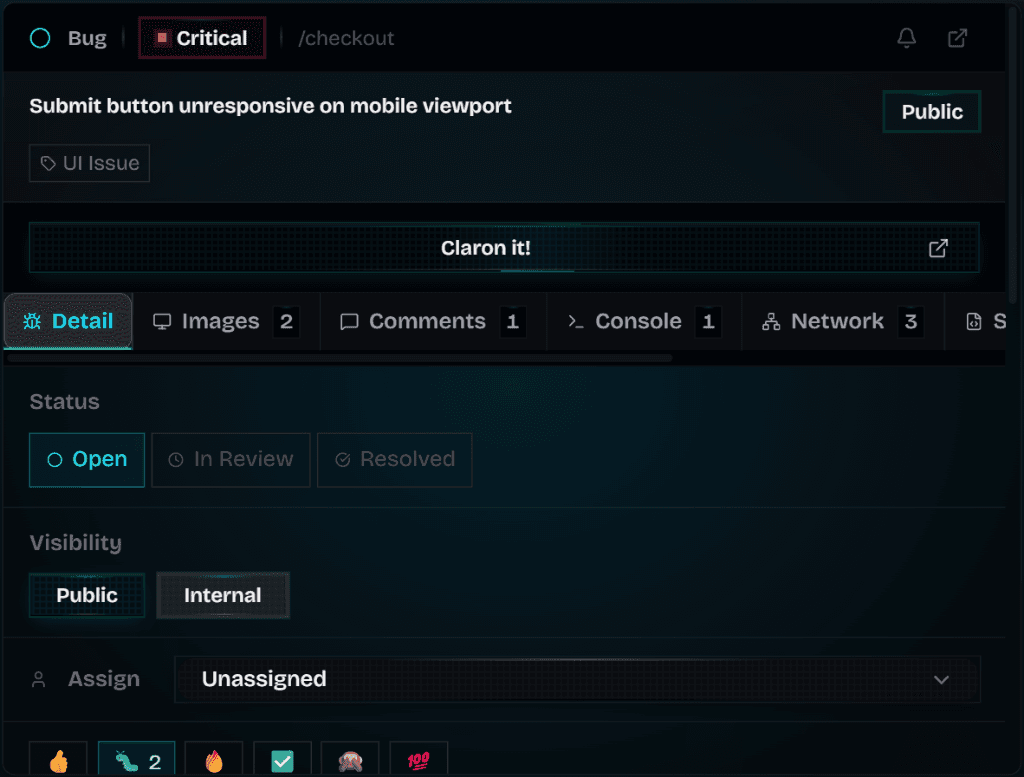 A critical Claron bug report, 'Submit button unresponsive on mobile viewport', with Claron it! and tabs for detail, images, comments, console and network