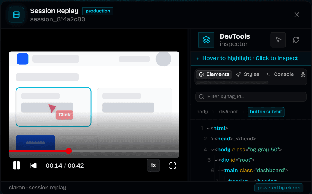 Claron's session replay player paused on a recorded click, with a timeline and a DevTools inspector showing the captured page's elements
