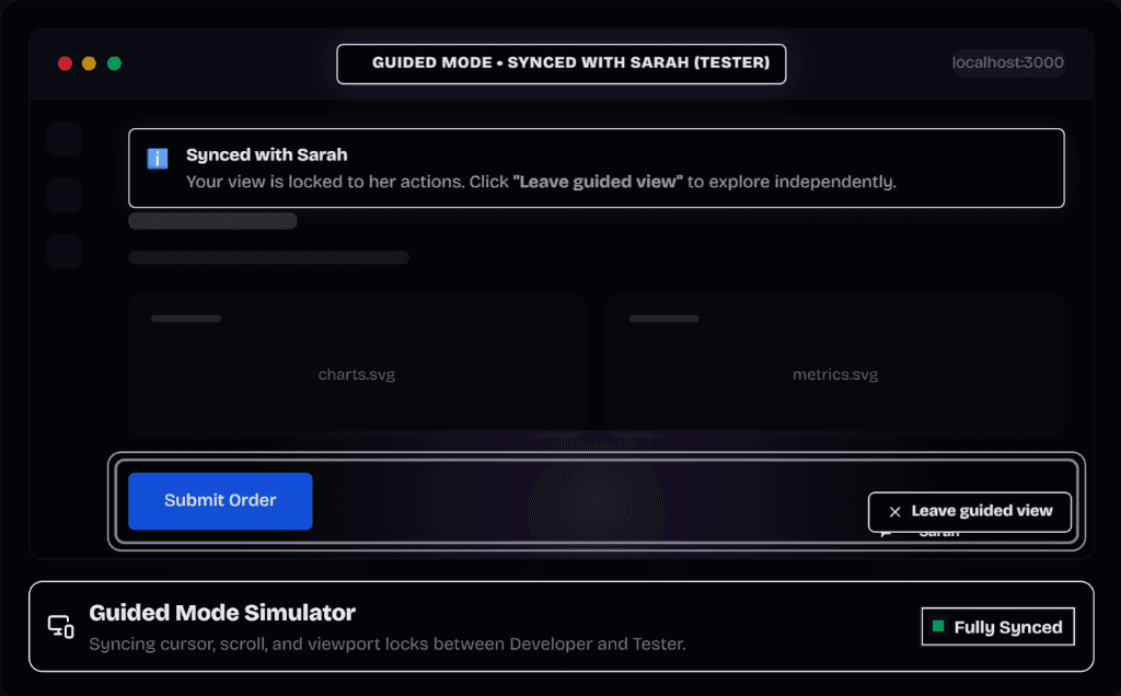Claron's Guided Mode: a reviewer's view synced with Sarah, a tester, with a banner offering to leave the guided view